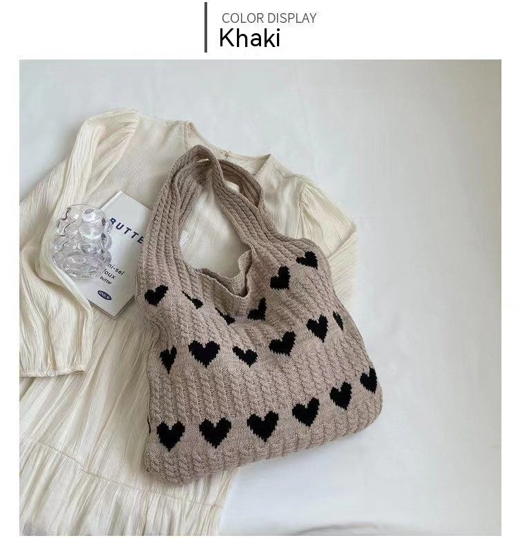 Heart-shaped Knitted Woven Shoulder Bag with Spacious Charm