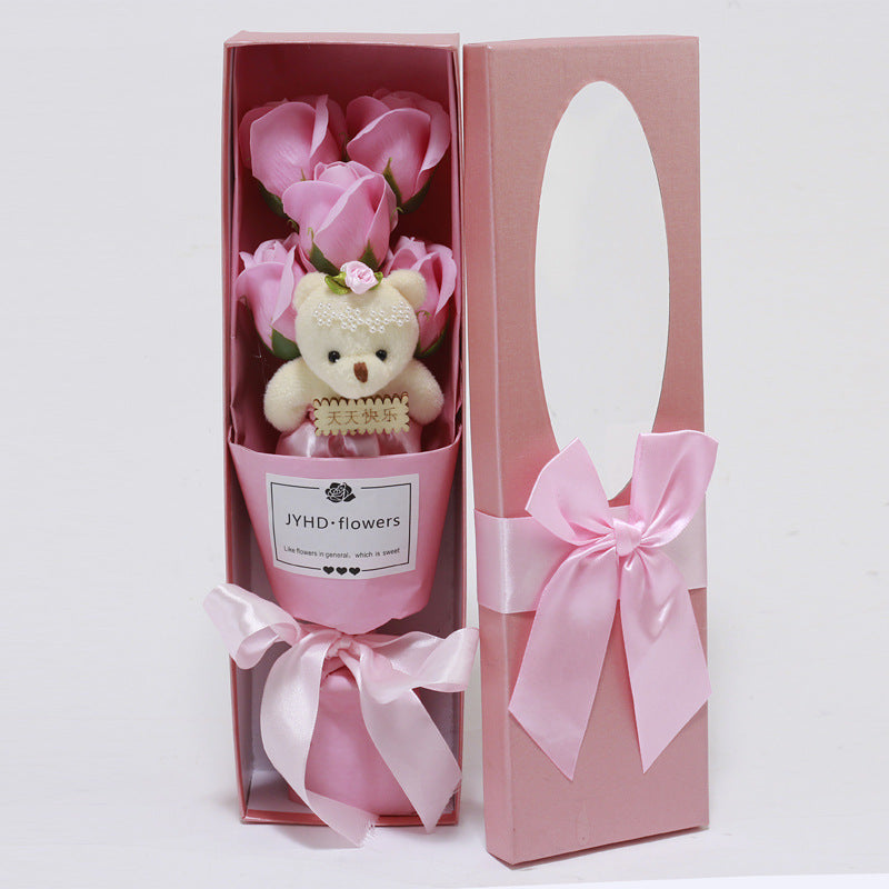 Handmade 7-Rose Soap Bouquet with Cute Bear - Perfect Gift for Valentine's Day, Mother's Day, or Birthday
