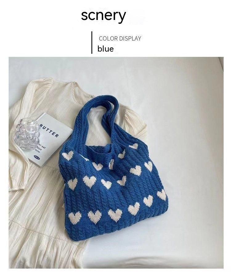 Heart-shaped Knitted Woven Shoulder Bag with Spacious Charm