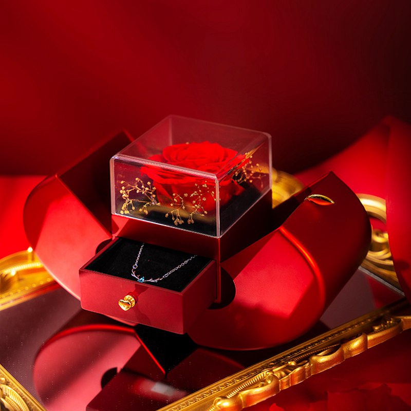 Red Apple Jewelry Box with Eternal Rose Necklace โ A timeless gift for someone special!