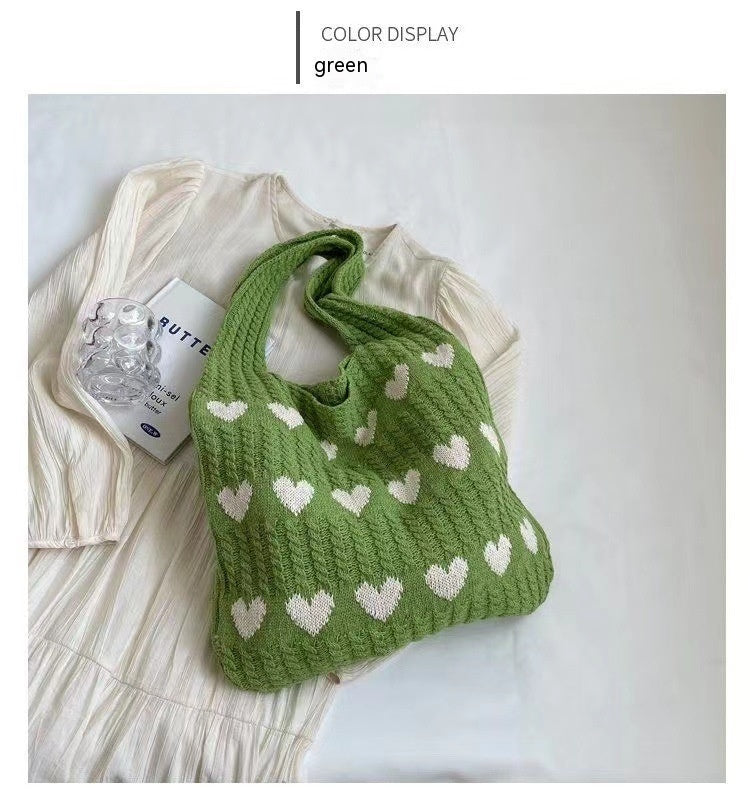 Heart-shaped Knitted Woven Shoulder Bag with Spacious Charm