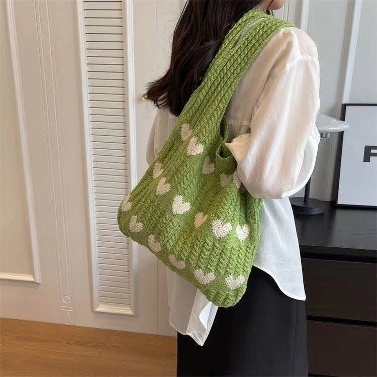 Heart-shaped Knitted Woven Shoulder Bag with Spacious Charm