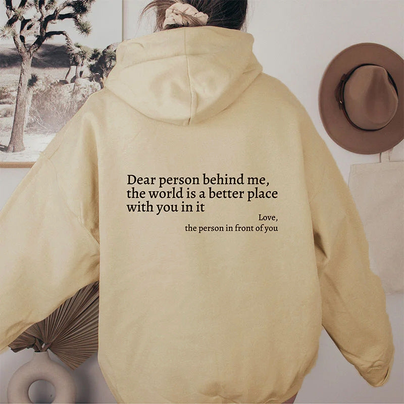 World is Better with You Hoodie: Women's Plush Letter Printed Kangaroo Pocket Drawstring Hoodie