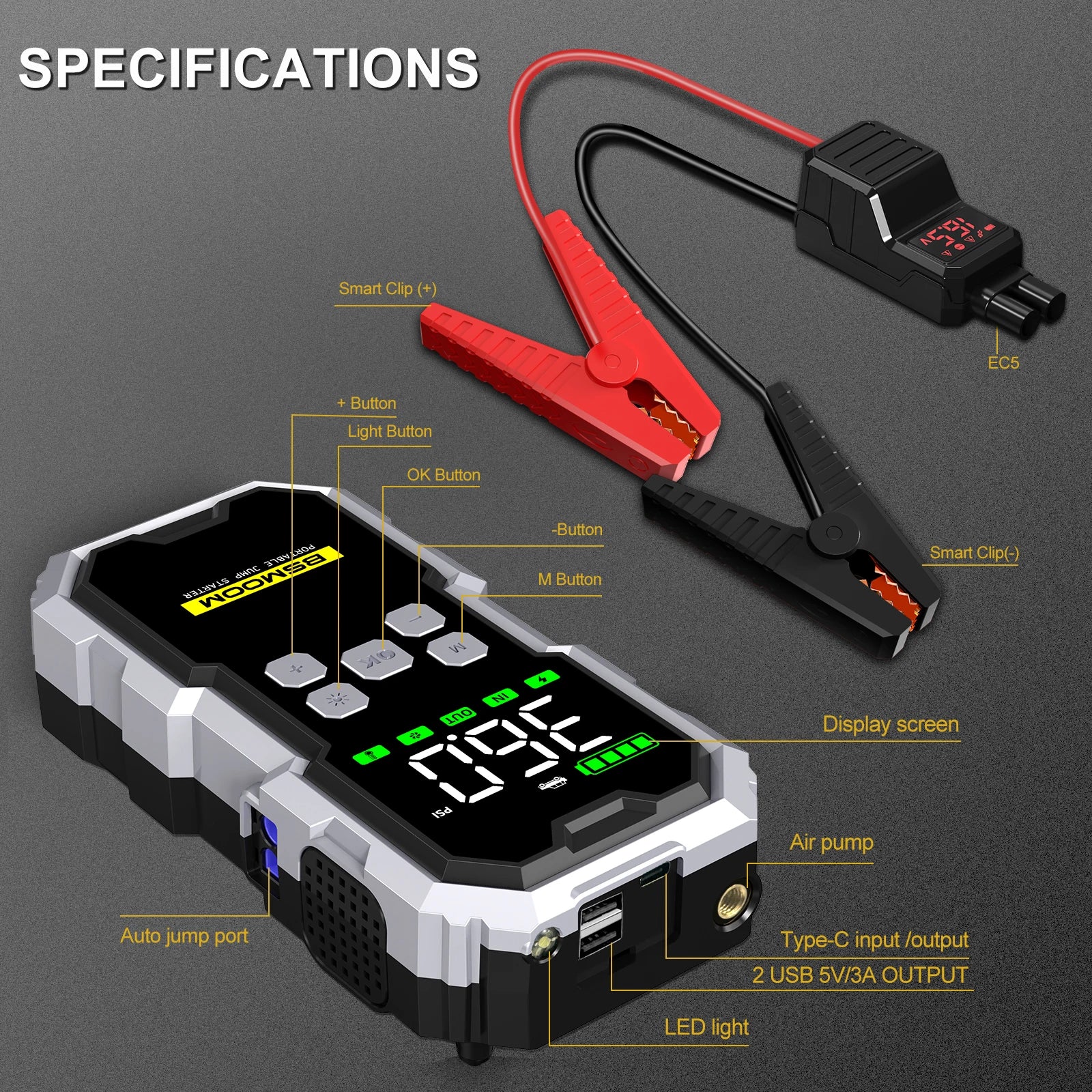 Portable Car Jump Starter & Air Compressor – 21800mAh Powerhouse with LCD Display