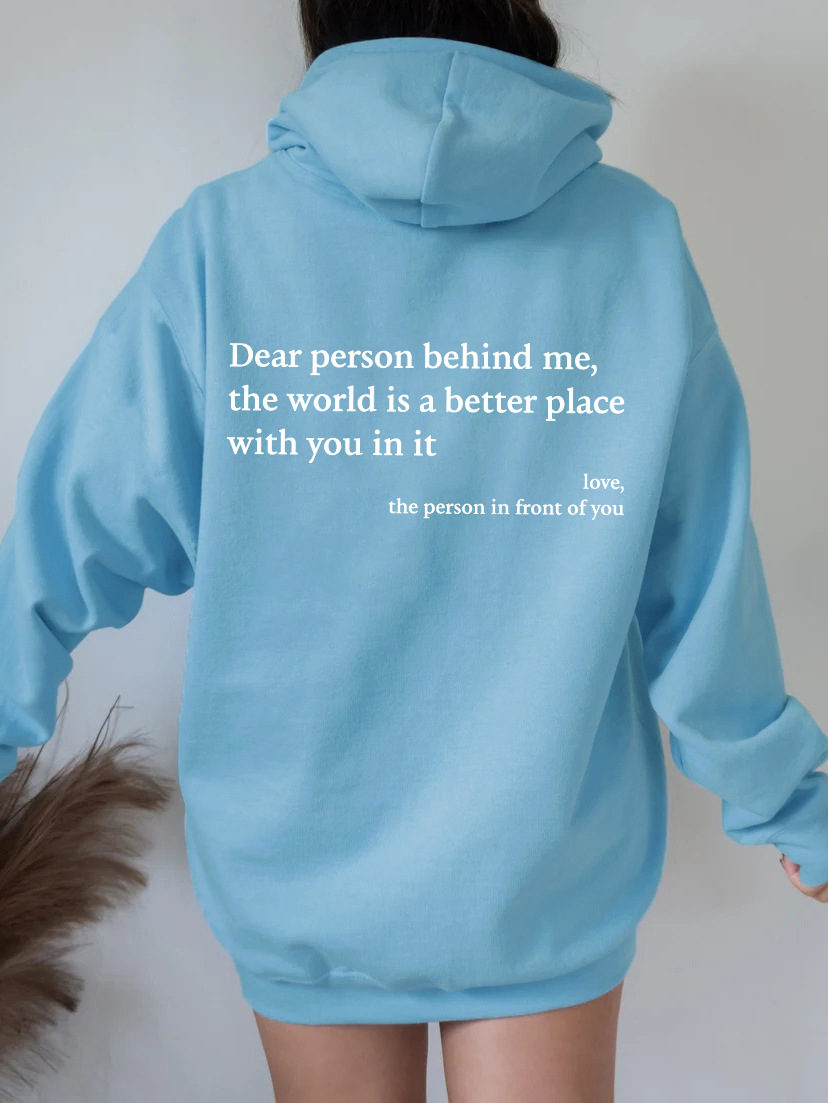 World is Better with You Hoodie: Women's Plush Letter Printed Kangaroo Pocket Drawstring Hoodie
