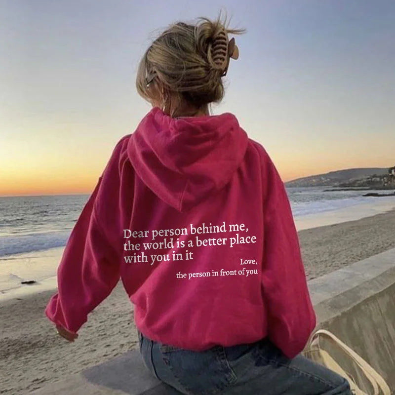 World is Better with You Hoodie: Women's Plush Letter Printed Kangaroo Pocket Drawstring Hoodie