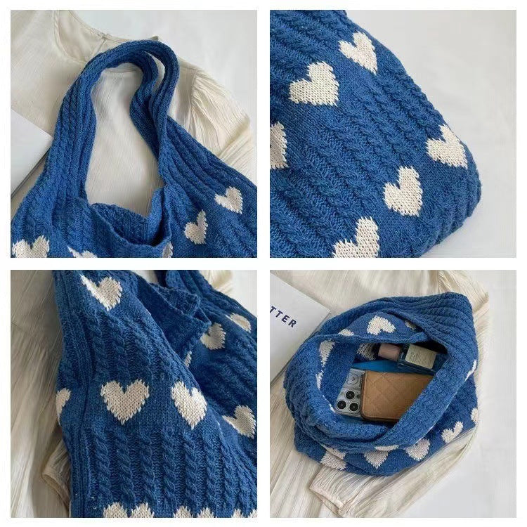 Heart-shaped Knitted Woven Shoulder Bag with Spacious Charm