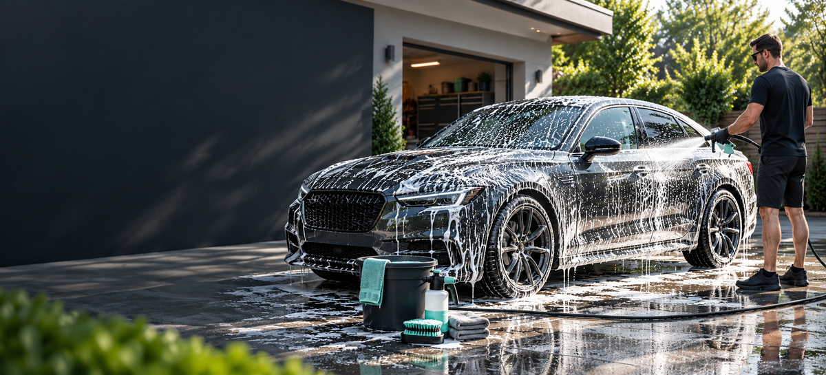Full car being washed with foam on a driveway beside car-care tools