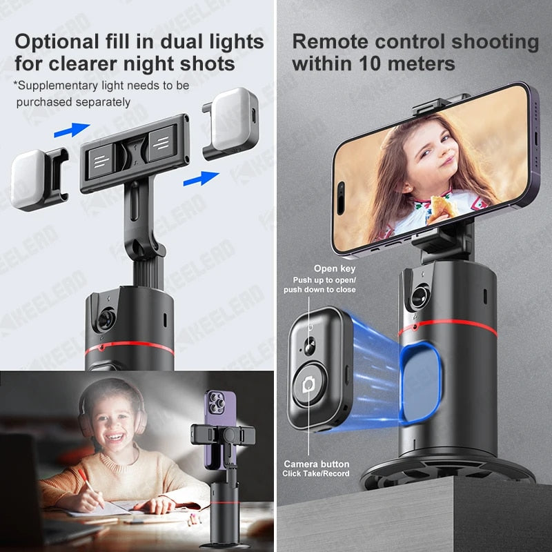 360° Rotation Gimbal Phone Holder with Auto Face/Human AI Tracking & Wireless Remote