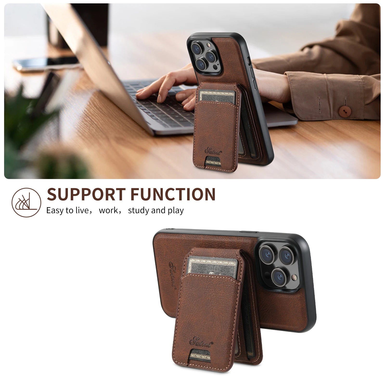 Leather Magnetic Pocket Wallet Case for iPhone 12/13/14/15 Pro Max Plus Ultra with Card Holder & Magsafe Compatibility