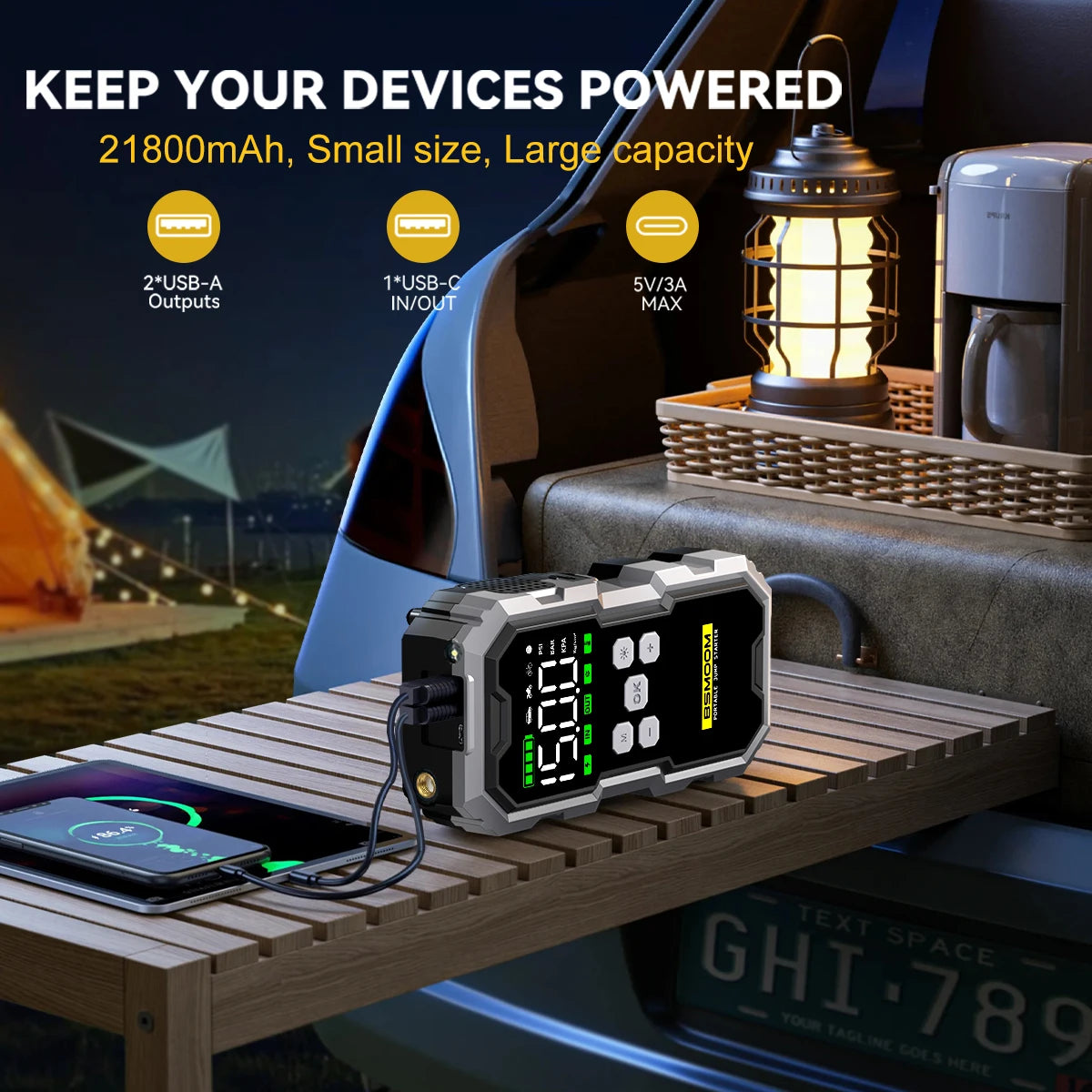 Portable Car Jump Starter & Air Compressor – 21800mAh Powerhouse with LCD Display